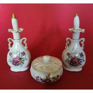 Vintage Porcelain Perfume Bottles with Stoppers & Trinket Box Set of 3